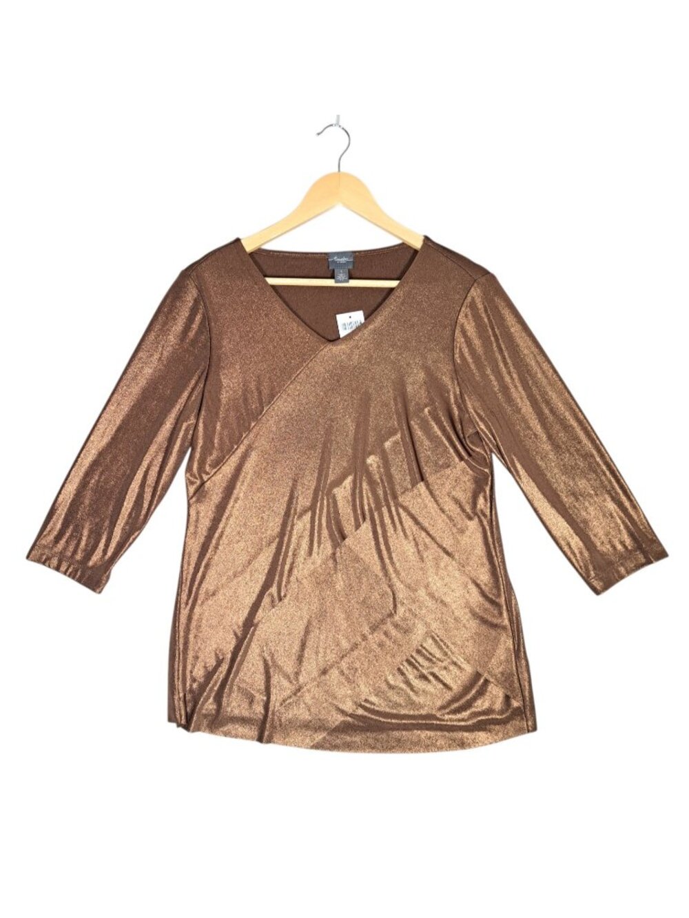 Chicos Metallic Gold Tunic Top Blouse M/8 Slinky Flowy Liquid Shimmer Womens
